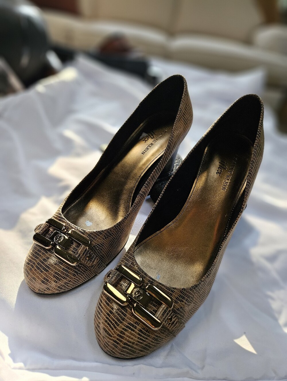 Anne Klein Brown Textured Buckle Pumps